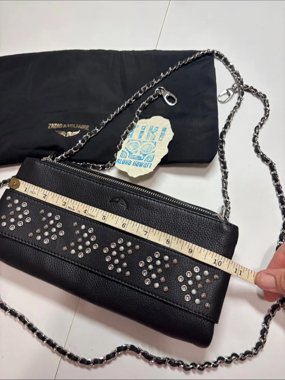 Zadig & Voltaire Black Leather Studded Chain Convertible Purse Clutch